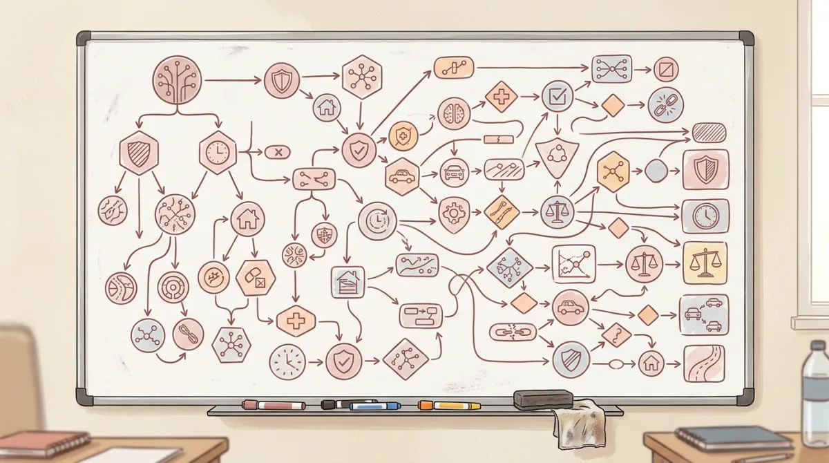 LifeInnerLane — warsztat redakcyjny z mapą przepływu decyzji ubezpieczeniowych na tablicy